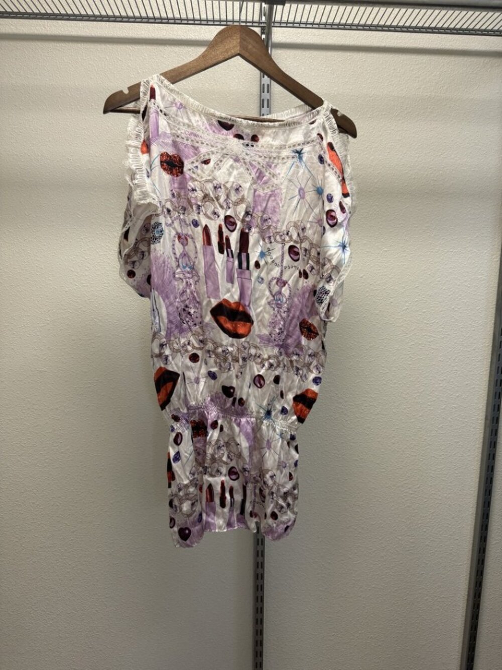 Custo Barcelona PLIT LIPSTICK WHITE Silk Tunic Top Y2K Lipstick Print Size 1